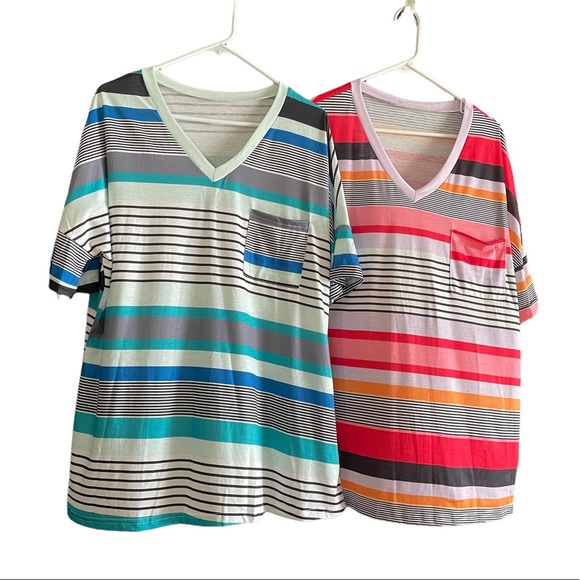 Two Casual V-Neck Short Sleeve Pullover Mulitcolor Striped Tops - NWOT - Picture 4 of 8